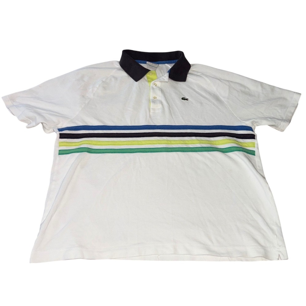 Men's White Polo with Multi-Stripe Chest and Black Collar